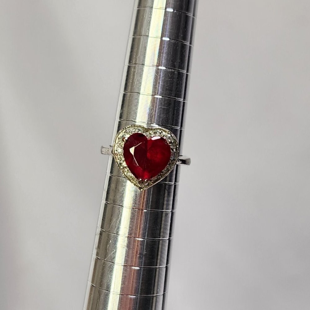 Simulated Heart-Shaped Ruby Silver Ring with CZ